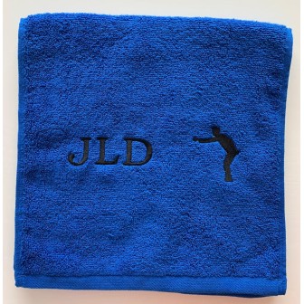 Serviette de sport bleu royal personnalisée initiales et motif optionnel pétanque.