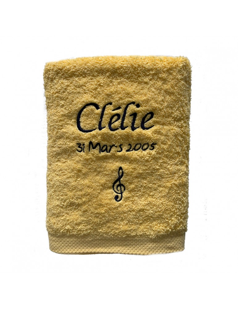 Drap de bain jaune citron personnalisé prénom avec date et motif optionnel
