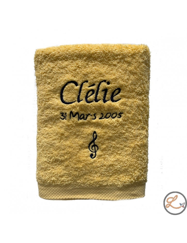 Drap de bain jaune citron personnalisé prénom avec date et motif optionnel
