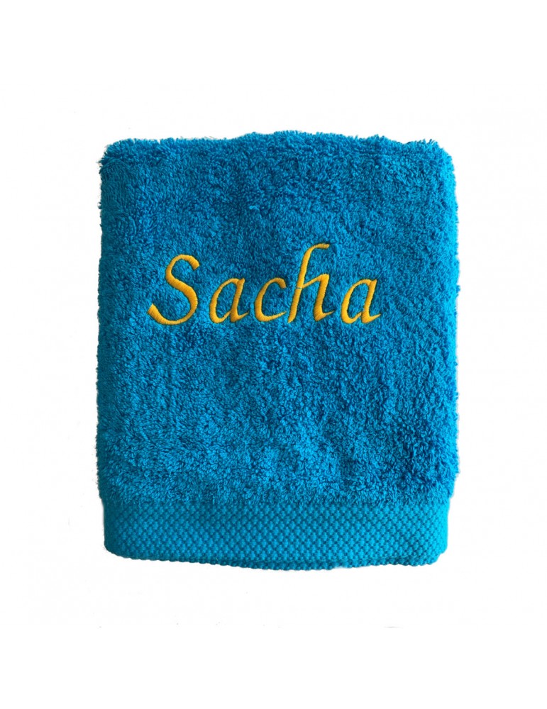 Drap de bain turquoise personnalisé prénom Sacha