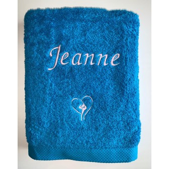 Drap de bain turquoise personnalisé prénom Jeanne avec motif optionnel GRS
