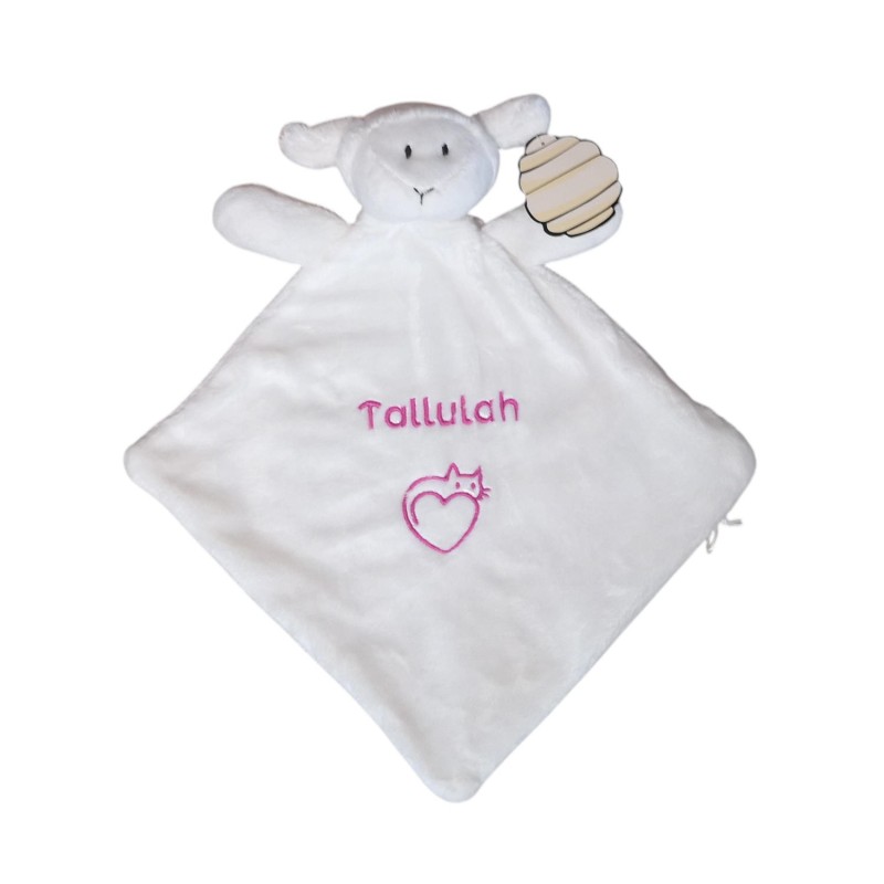 Doudou personnalisé agneau avec prénom brodé en rose